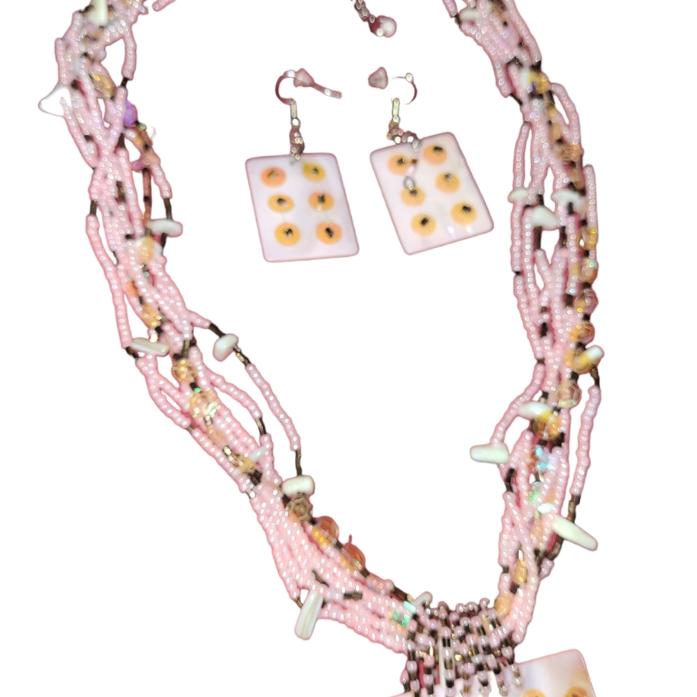 New Hand Crafted Statement Necklace/Earrings Pink… - image 3